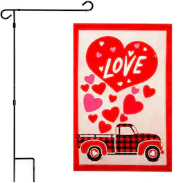 G128 - Garden Flag Stand with Double-Sided 12x18 in Valentine's Day Love Truck Flag, 36x16 in Iron Pole - Red