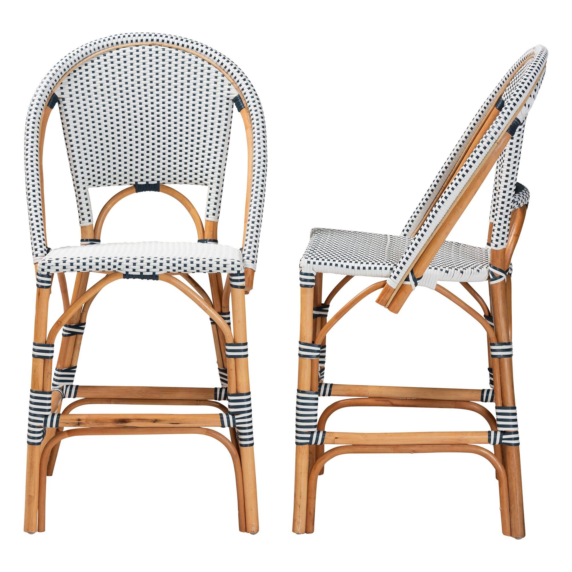 Left. bali & pari - Genica Classic French Weaving and Natural Rattan 2-Piece Counter Stool Set - Navy Blue/White/Natural Rattan.