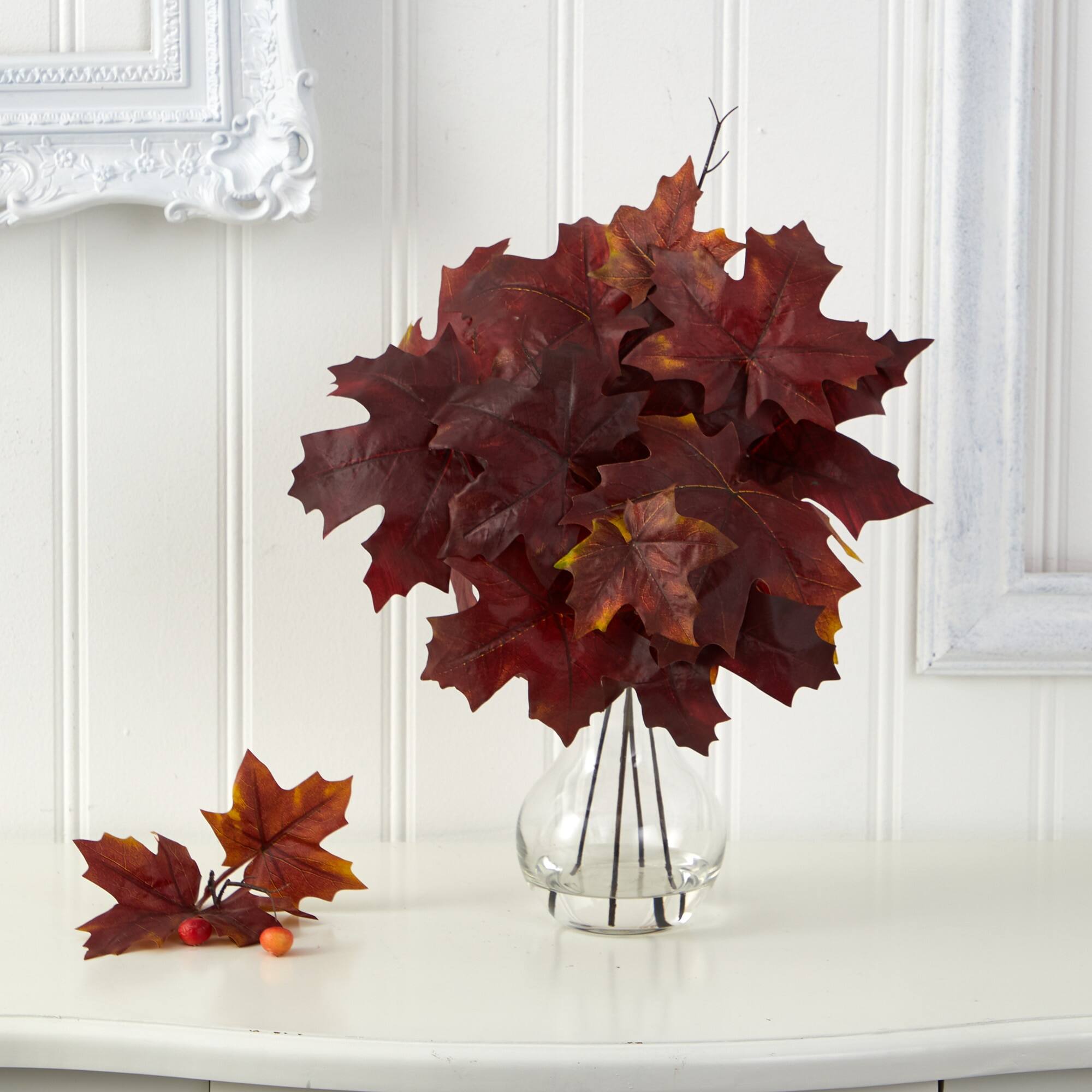 Front. BreeBe - 18" Autumn Maple Leaf Artificial Plant in Glass Planter - Burgundy.