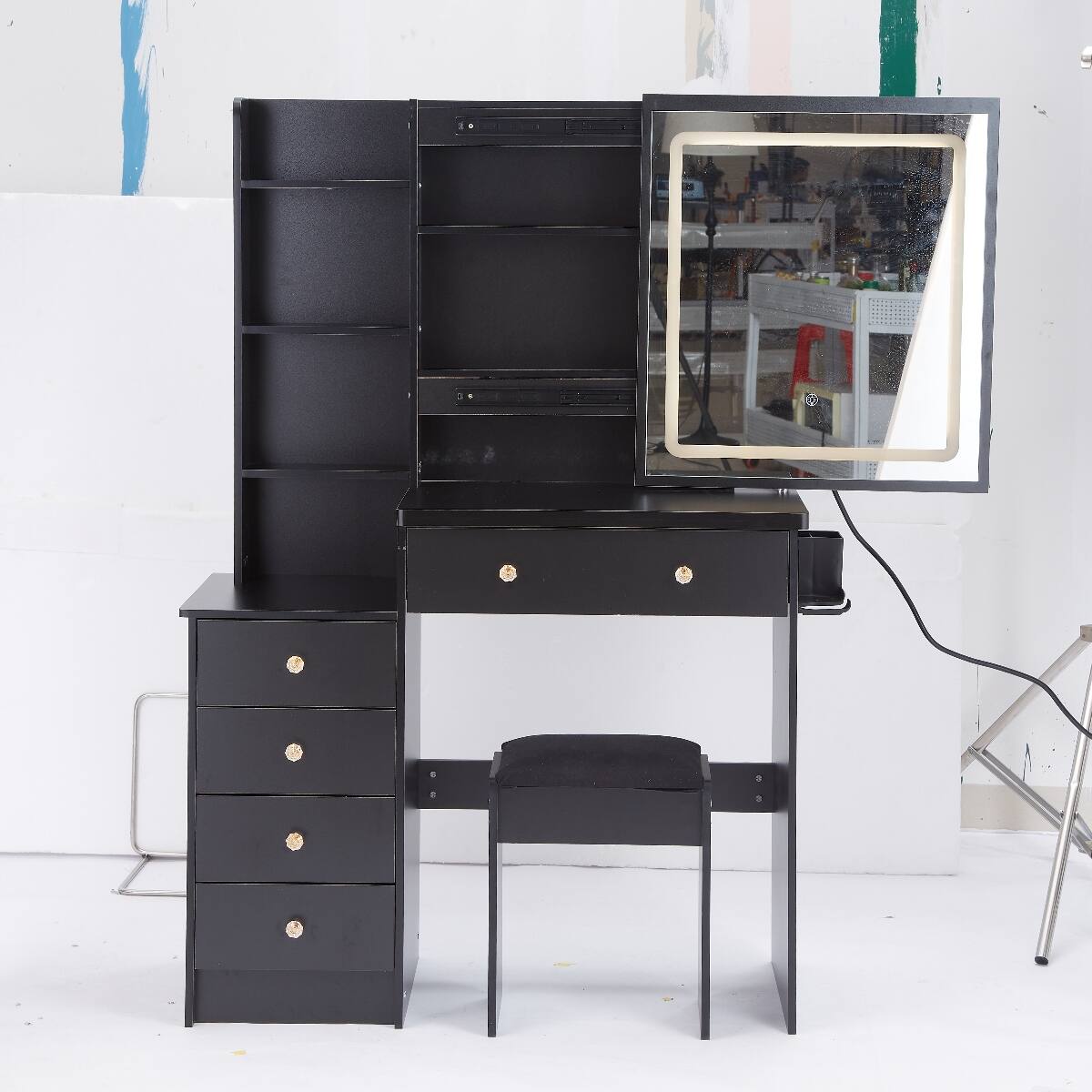 Alt View 3. Loheer - Loheer Makeup Vanity Table with Cushioned Stool, Touch Control LED Sliding Mirror, Black MDF - Black.