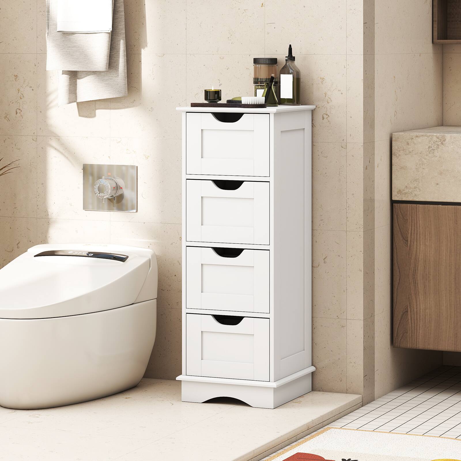 Alt View 5. Gymax - Gymax 4-Drawer Bathroom Cabinet w/Cut-out Handles Anti-toppling Device Narrow Entryway White - White.