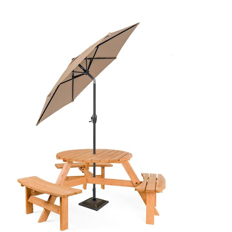 Back. Hivvago - Outdoor Round Wood Picnic Table Bench Set with Umbrella Hole - Seats 6 - Brown.