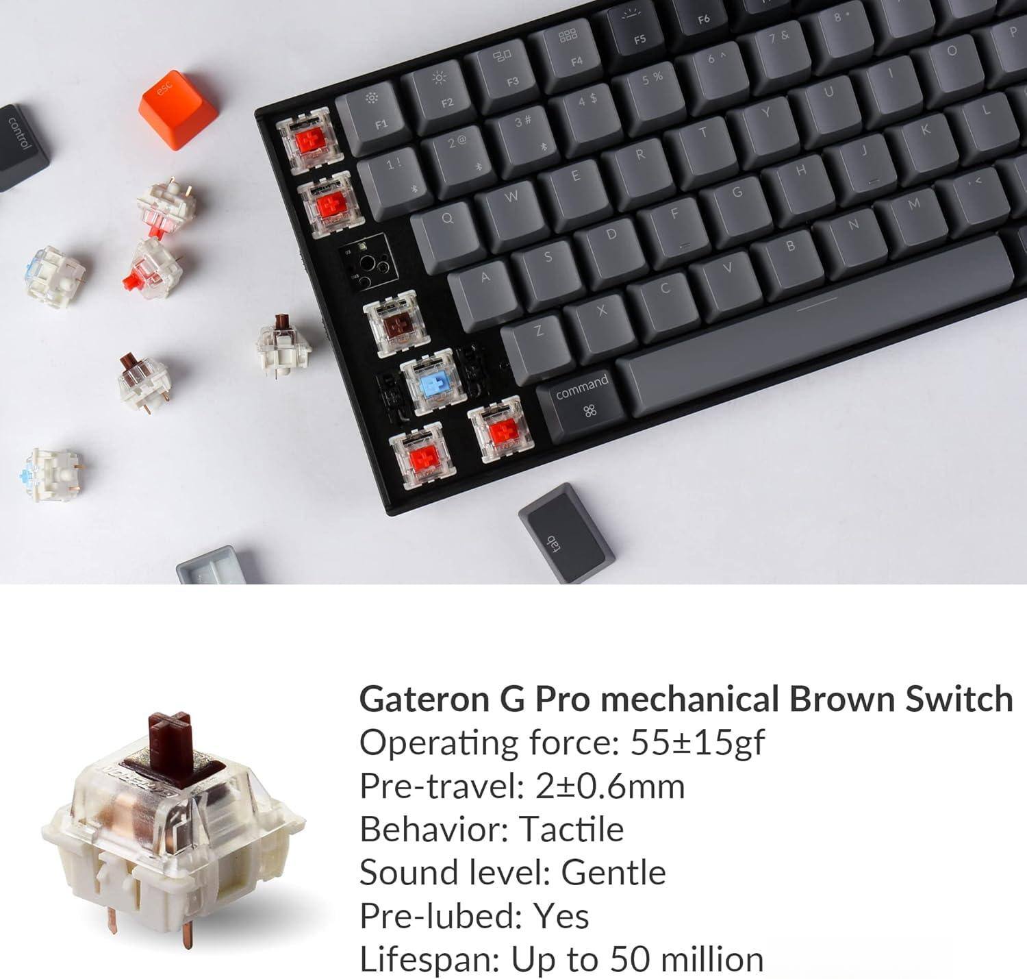 Gateron G Pro mechanical Brown Switch  
Operating force: 55±15gf  
Pre-travel: 2±0.6mm  
Behavior: Tactile  
Sound level: Gentle  
Pre-lubed: Yes  
Lifespan: Up to 50 million