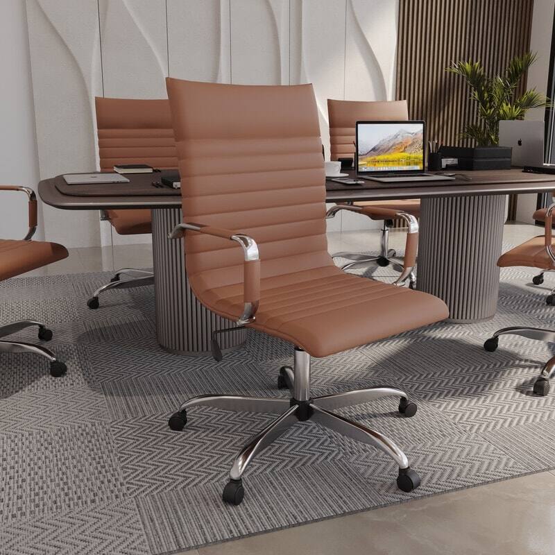 Angle. LeisureMod - Harris Modern Ergonomic High Back Leather Upholstered Office Chair, Chrome Metal Frame Armless Desk Chair, Conference - Light Brown.