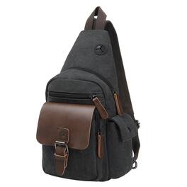 Unique Bargains - Canvas Sling Bag Crossbody Backpack Vintage Shoulder Bag W/Leather Accents for Outdoor Cycling Hiking Travel - Black
