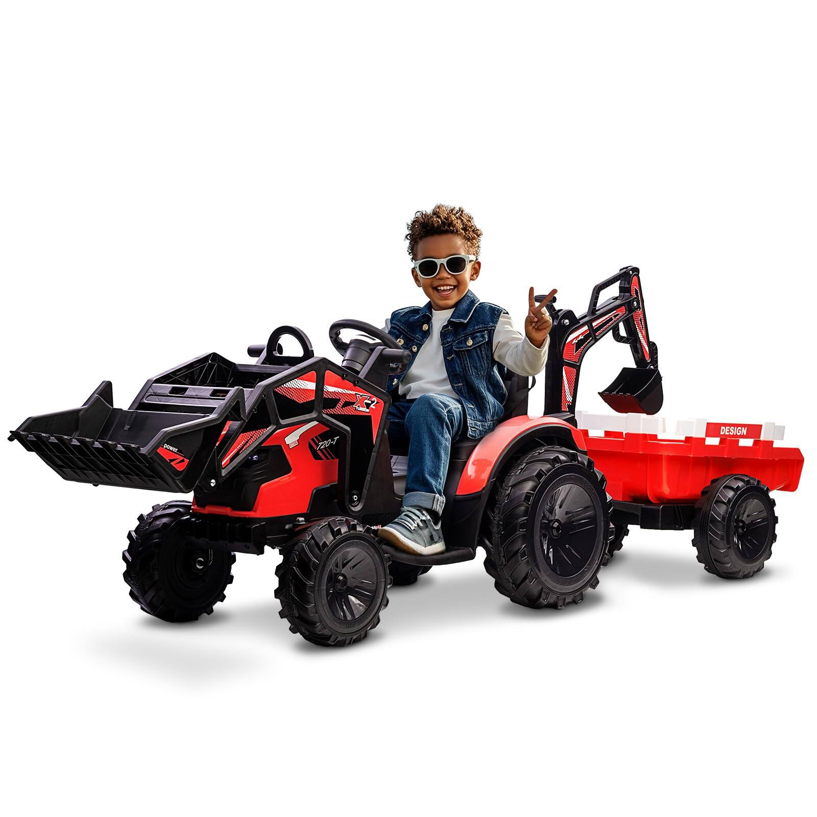 Maxxis Merch - 3-in-1 24V Ride On Tractor for Kids, Electric Excavator, Bulldozer, Trailer, Remote Control, LED Lights, Music, USB