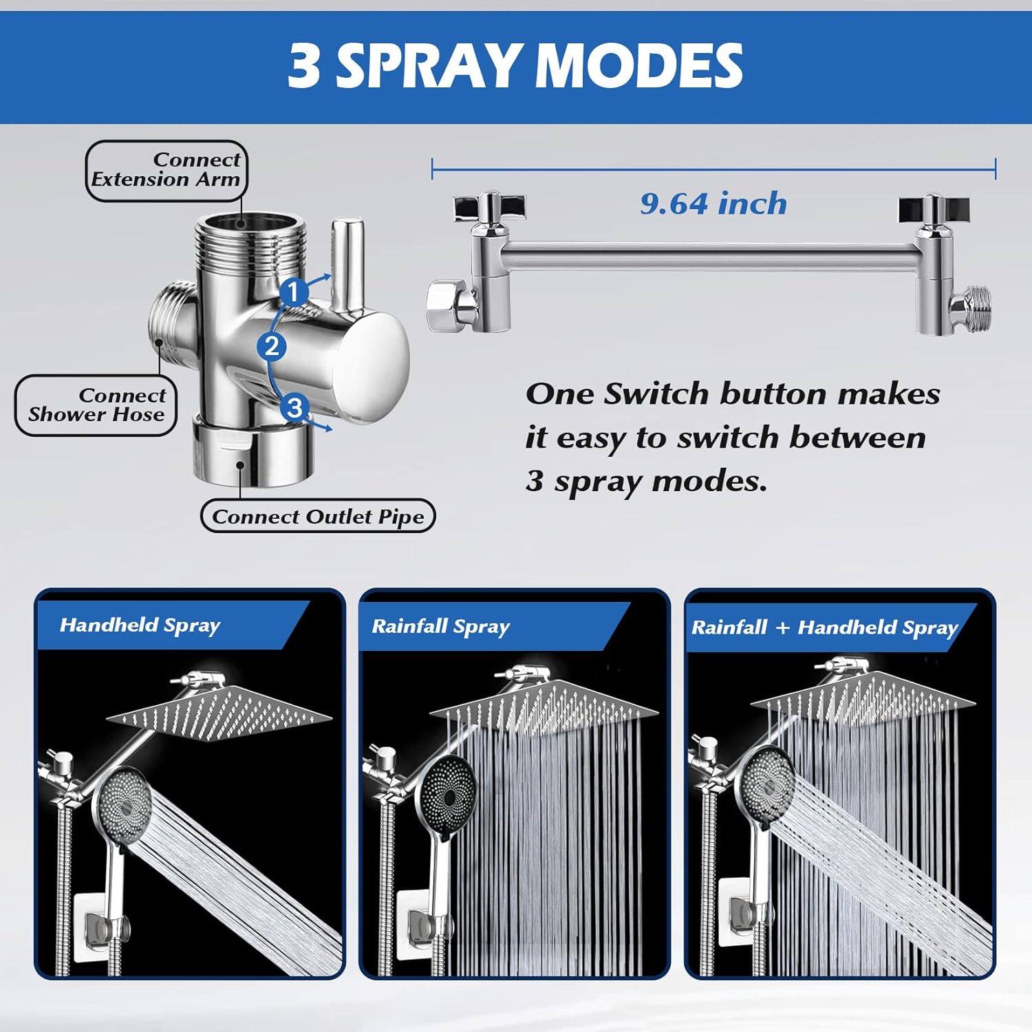 3 SPRAY MODES

Connect Extension Arm  
9.64 inch

1. Connect Shower Hose  
2. Connect Outlet Pipe

One Switch button makes it easy to switch between 3 spray modes.

Handheld Spray  
Rainfall Spray  
Rainfall + Handheld Spray
