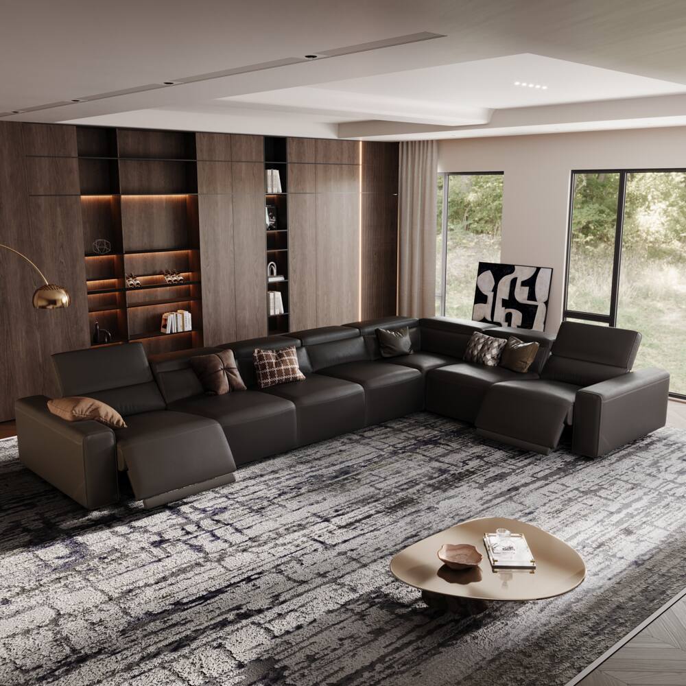 Angle. POVISON - 171.26" Power L Shape Modular Couch With 2 Recliner Seats,USB/Type C Charging Port, Adjustable Headrest, Khaki - Black Sustainable Leather.