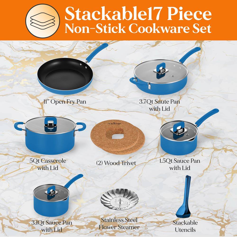 Stackable 17 Piece Non-Stick Cookware Set

- 11" Open Fry Pan
- 3.7Qt Saute Pan with Lid
- 5Qt Casserole with Lid
- (2) Wood Trivet
- 1.5Qt Sauce Pan with Lid
- 3.1Qt Sauce Pan with Lid
- Stainless Steel Flower Steamer
- Stackable Utencils
