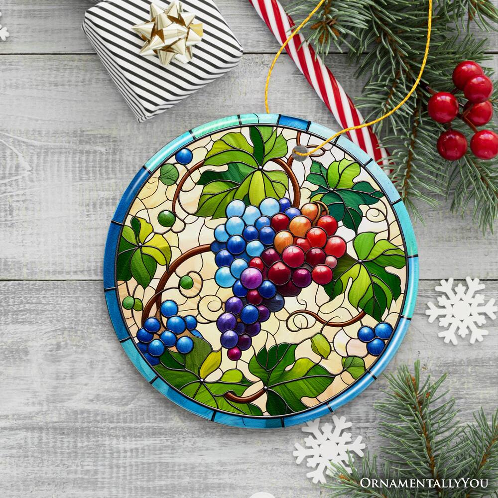 Back. OrnamentallyYou - Grape Window Art Stained Glass Style Ceramic Ornament Christmas Gift and Decor - Multi-colored.
