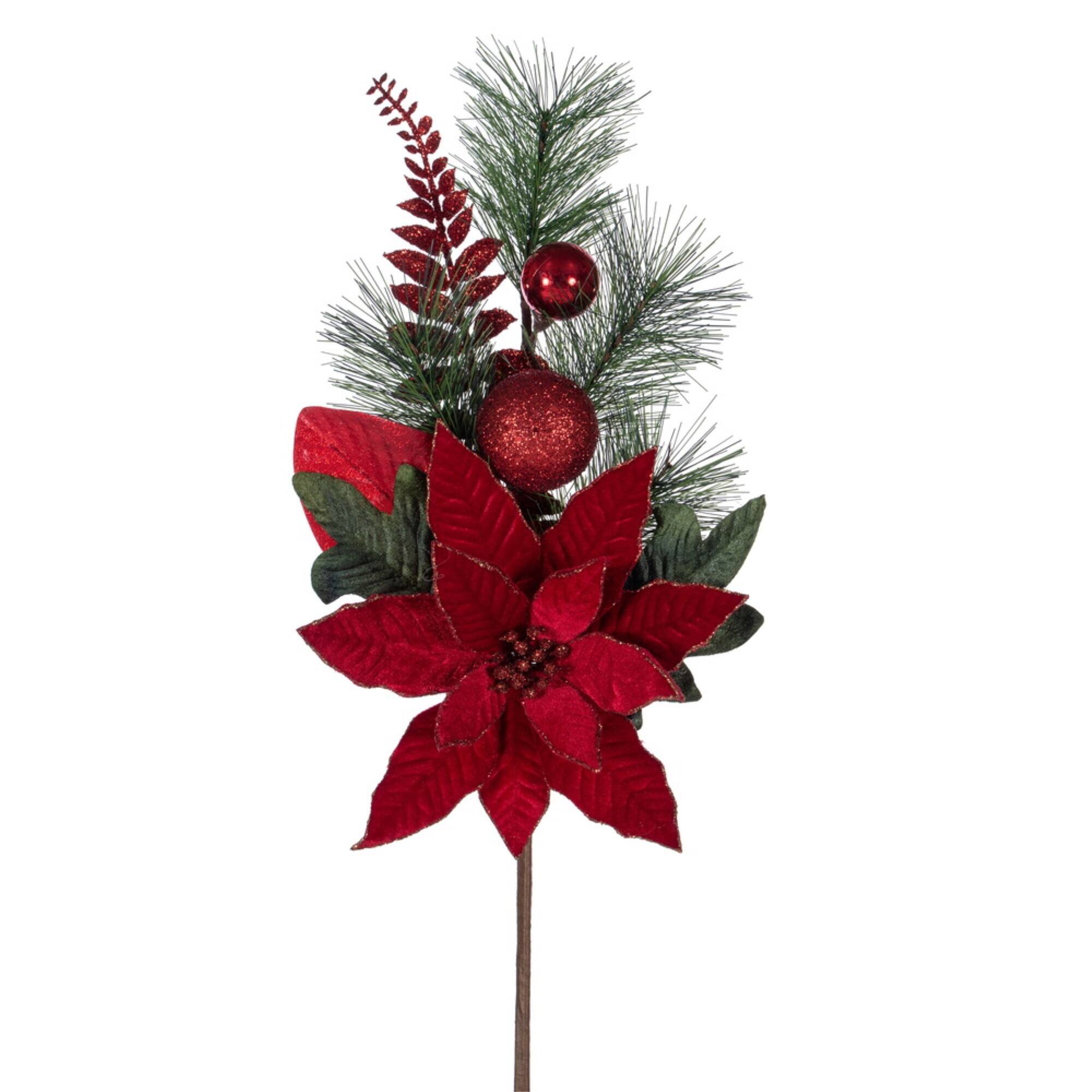 Front. Vickerman - 22" Merry Red Poinsettia Ball and Fern Decorated Spray 2 per bag - Red.