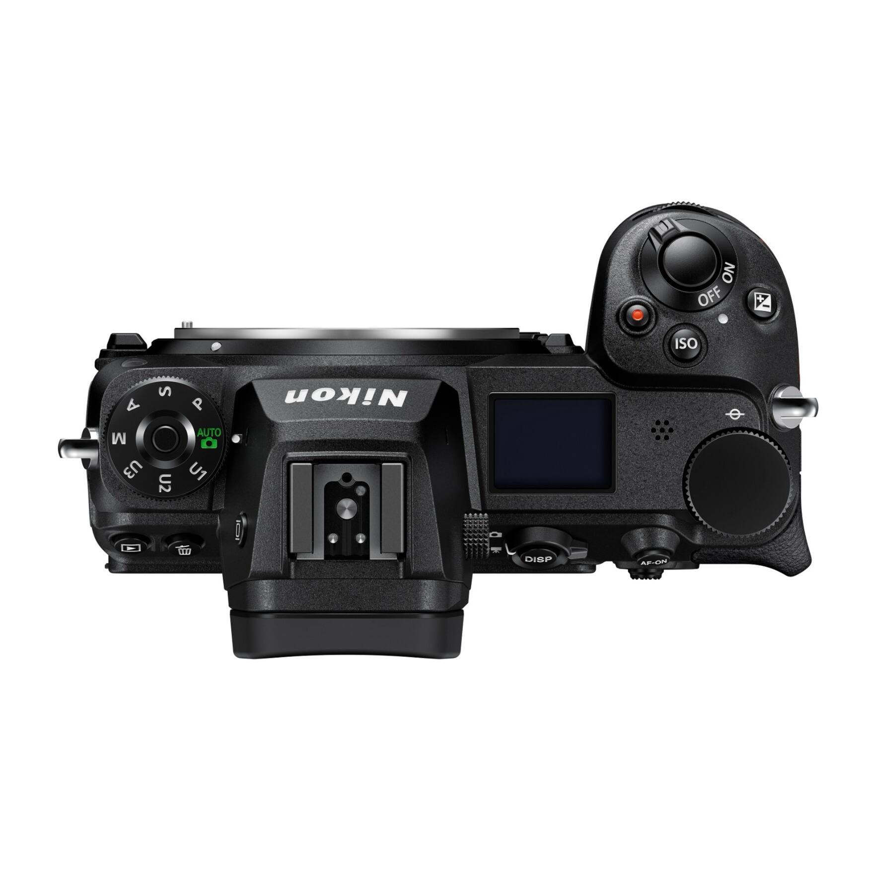 The image features a Nikon camera with a lens attached to it. The camera has a viewfinder and a control panel with various buttons, including an AF-ON button, a DISP button, and a MENU button. The camera is in a ready position, with the lens pointing upwards.