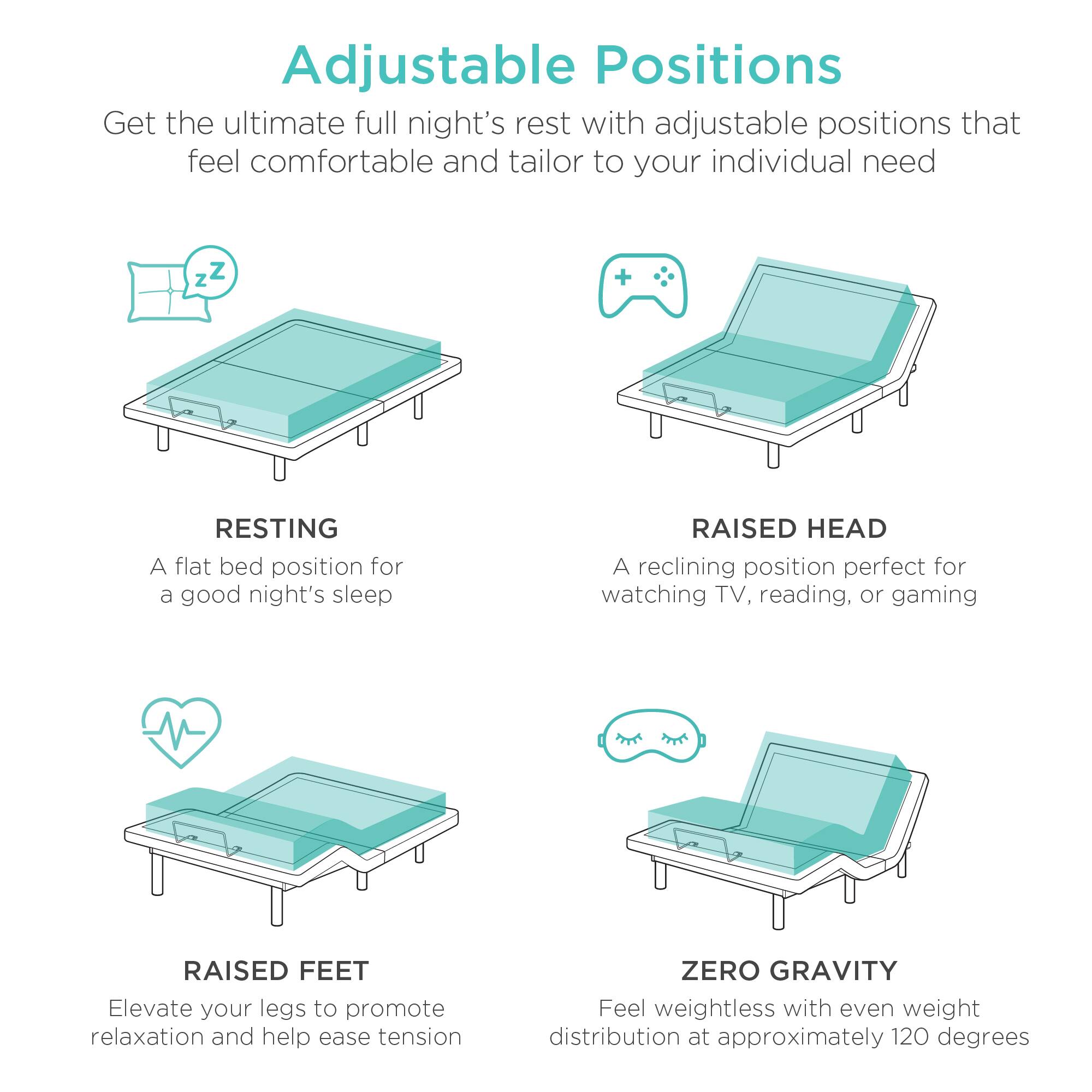 Adjustable Positions

Get the ultimate full night's rest with adjustable positions that feel comfortable and tailor to your individual needs.

- **RESTING**
  - A flat bed position for a good night's sleep.

- **RAISED HEAD**
  - A reclining position perfect for watching TV, reading, or gaming.

- **RAISED FEET**
  - Elevate your legs to promote relaxation and help ease tension.

- **ZERO GRAVITY**
  - Feel weightless with even weight distribution at approximately 120 degrees.