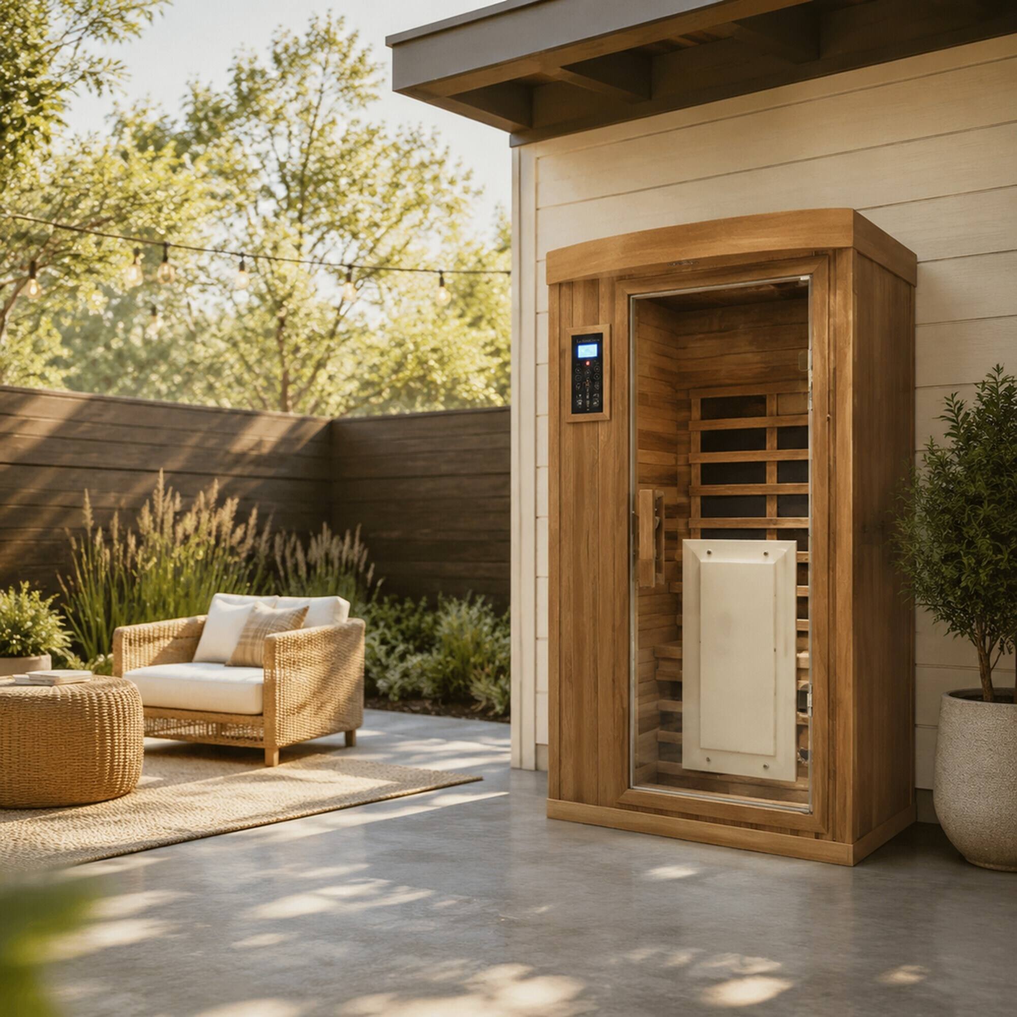 Left. RYHNUYNE - One Person Far Infrared Sauna, Red Cedar Indoor Room, Low EMF, 8 Heating Panels, 1450W - Bean paste red.