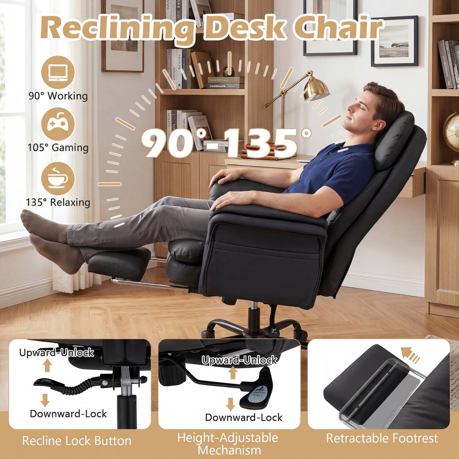 OKE Reclining Desk Chair EXEMICE STRAW 1.0 1002019 SCOCOMATE 90 Working

PRESSECK NANT 105 Gaming 90-135

135 Relaxing

Upward-Unlock

Upward-Unlock

FUEL

Downward-Lock Recline Lock Button

Downward-Lock Height-Adjustable Retractable Footrest Mechanism