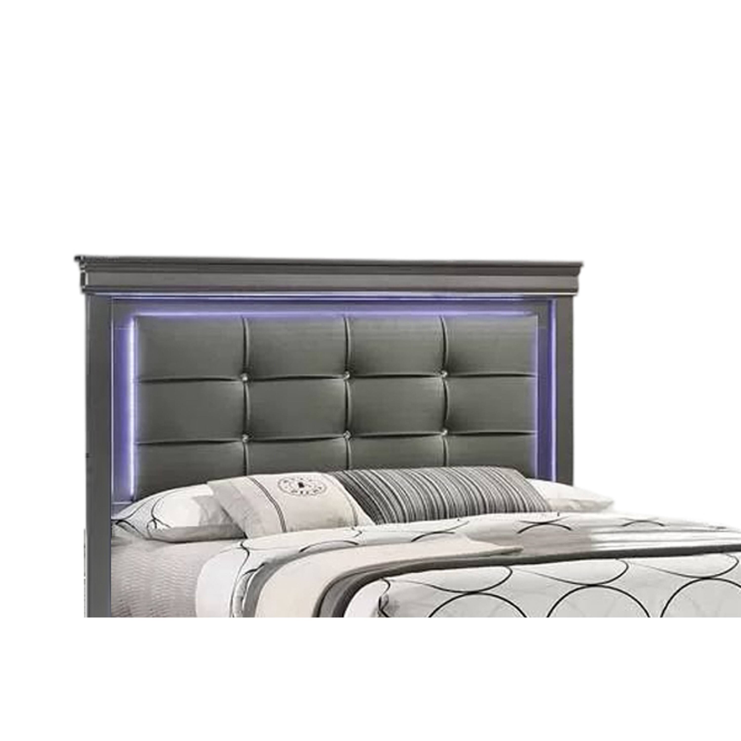 Left. Manhattan Lane - Grin Queen Size Bed, LED Headboard, Gray Faux Leather Upholstery - Gray.