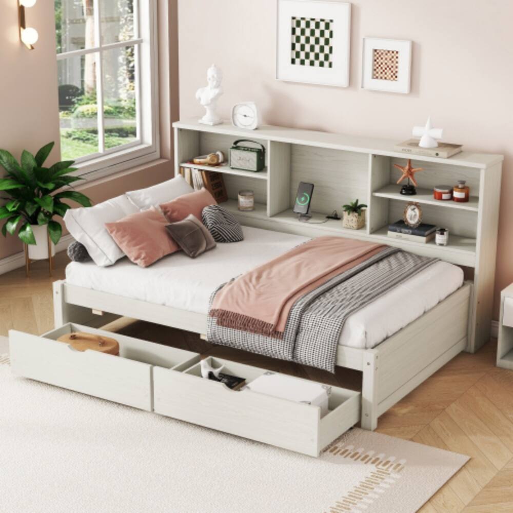 Left. LUCKY ONE - Twin Size Bed Frame with Side Bookshelves, 2 Drawers, Built-in USB and Type-C Ports, No Box Spring Needed - Creamy White.