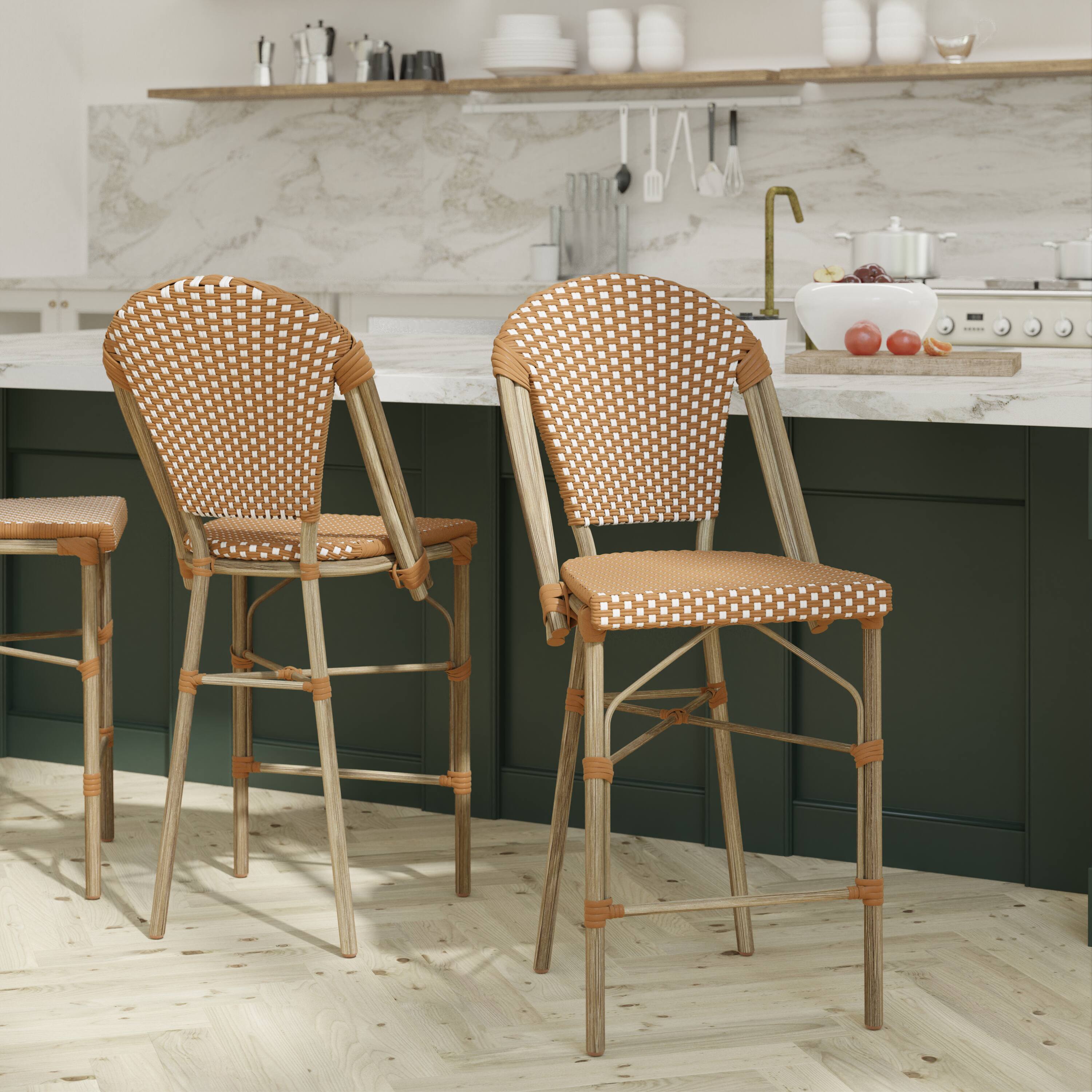 Alt View 2. Emma + Oliver - Colmar Set of Two Indoor/Outdoor 26" High Stacking Bistro Counter Stools with Patterned Seat and Back and Metal Frames - Natural & White/Light Natural Frame.