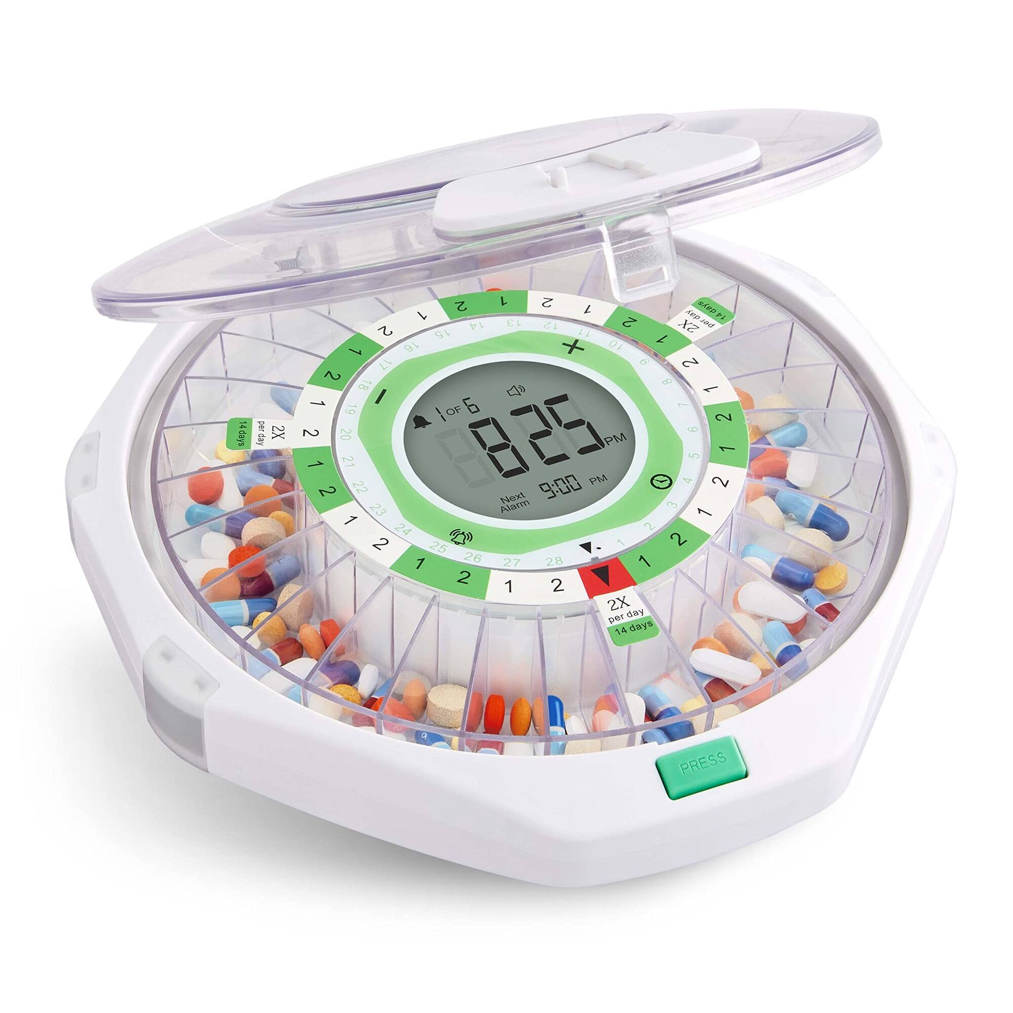 LiveFine - 28-Day Automatic Pill Dispenser with Upgraded LCD Display and Key Lock - Frosted Lid