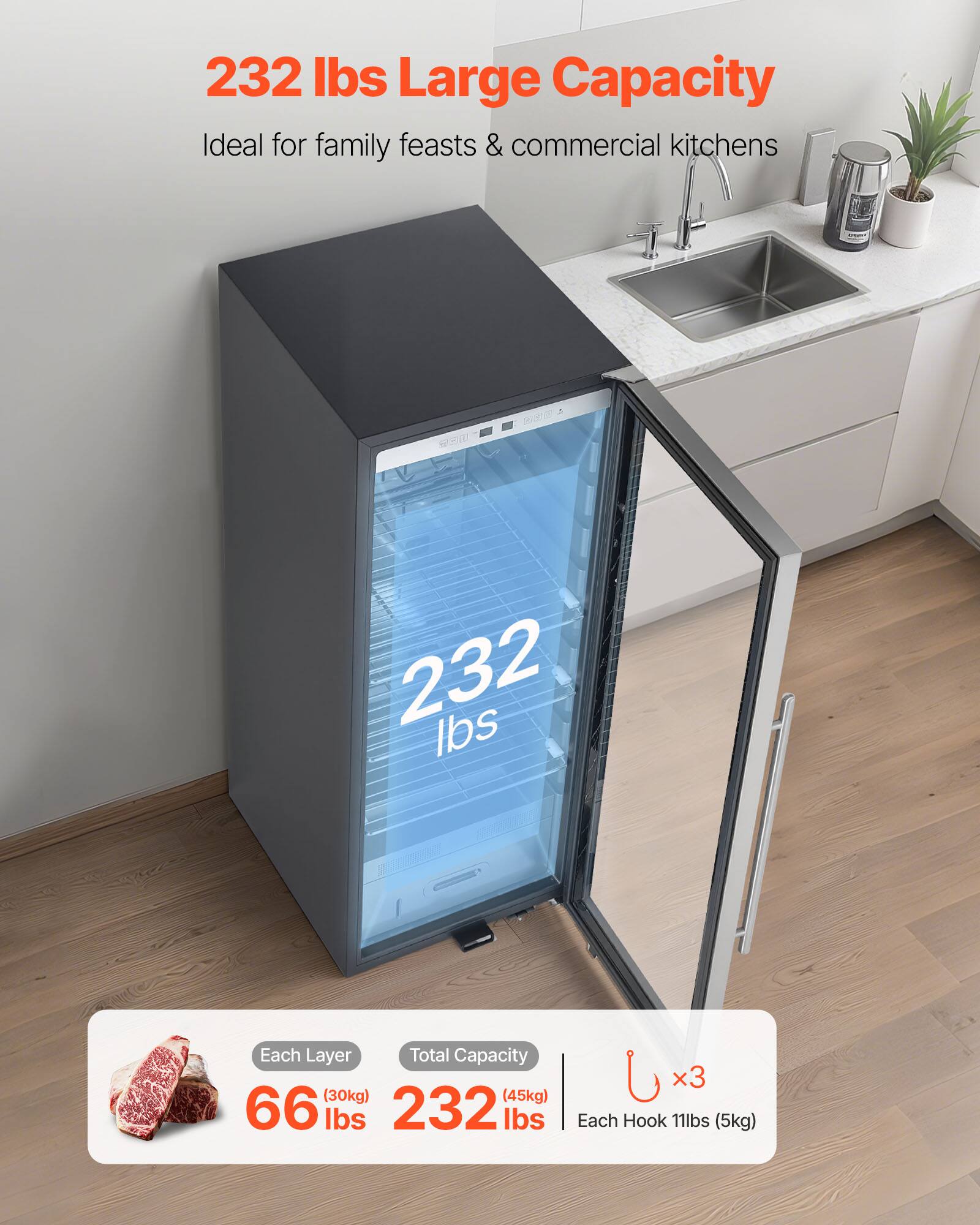 232 lbs Large Capacity  
Ideal for family feasts & commercial kitchens  

Each Layer: 66 lbs (30kg)  
Total Capacity: 232 lbs (105kg)  
Each Hook: 11 lbs (5kg)