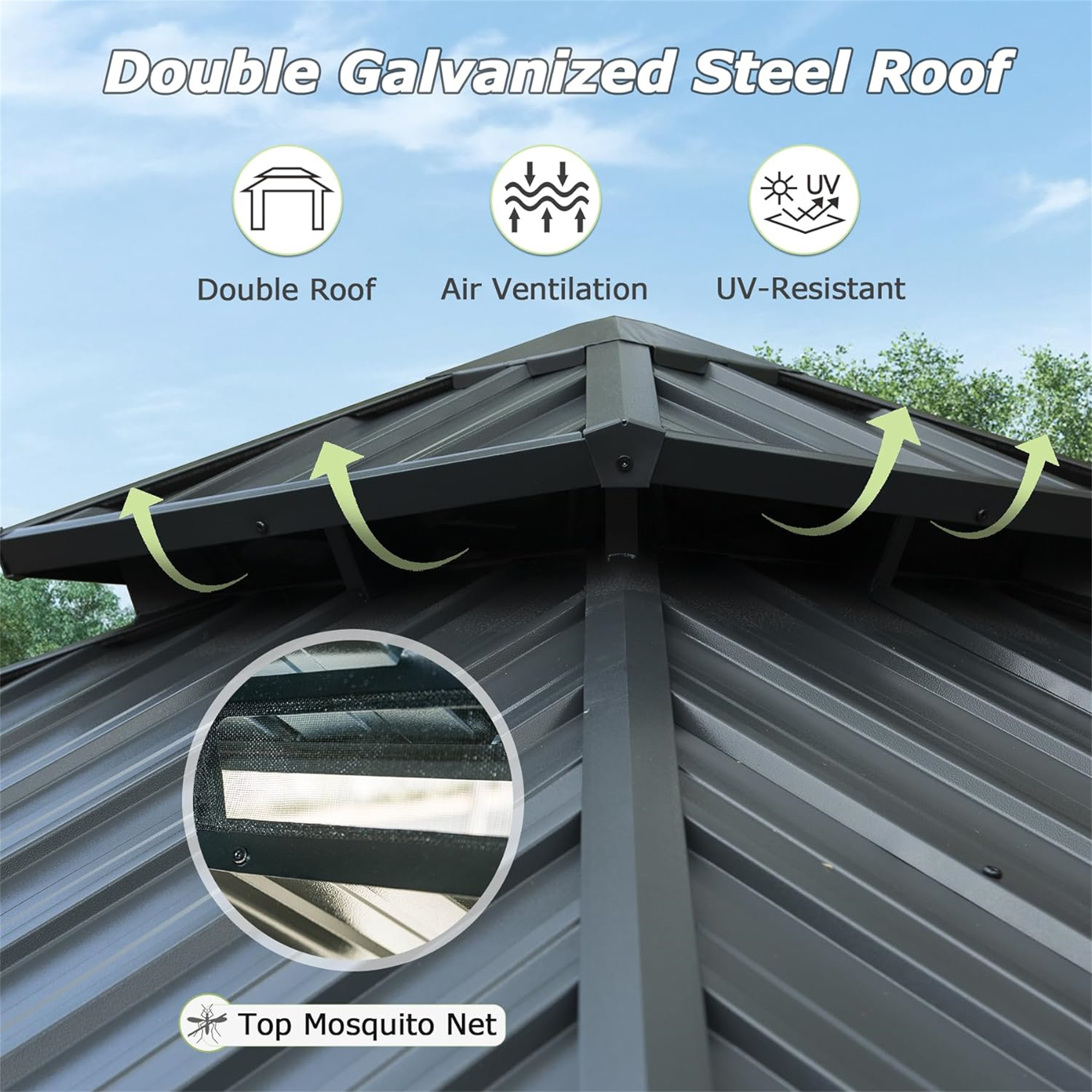 Double Galvanized Steel Roof

- Double Roof
- Air Ventilation
- UV-Resistant
- Top Mosquito Net