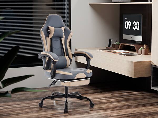 Angle. Spaco - Spaco Ergonomic Gaming Chair with Lumbar Massage, Adjustable Footrest, 300lb Capacity, Swivel and Height Adjustable - Beige+Blue.