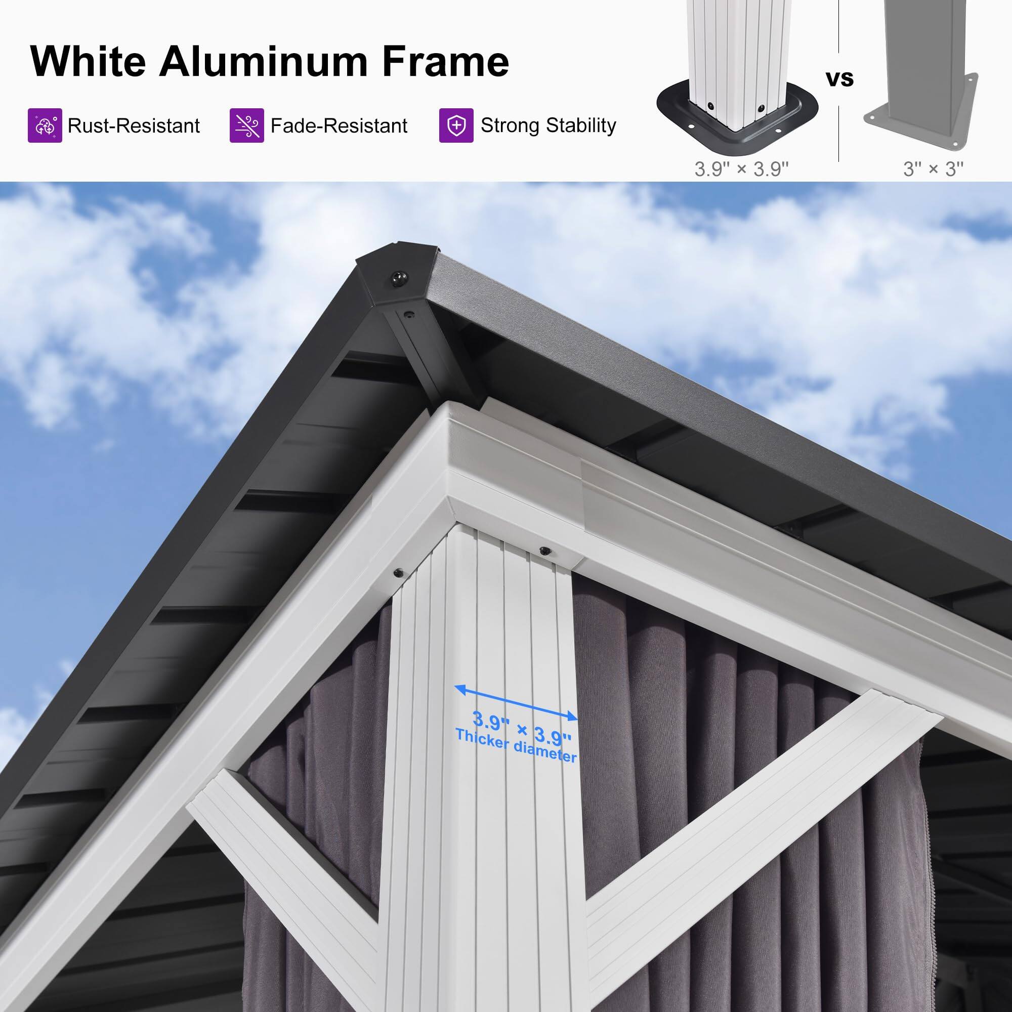 White Aluminum Frame

- Rust-Resistant
- Fade-Resistant
- Strong Stability

3.9" x 3.9" vs 3" x 3"

3.9" x 3.9" Thicker 3.9" diameter