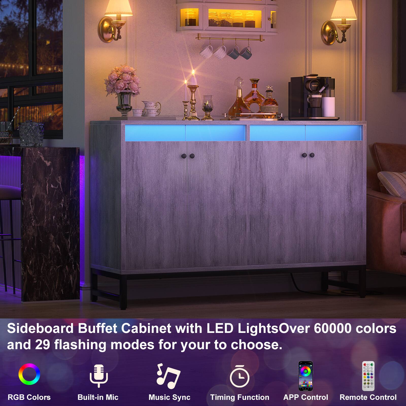 Sideboard Buffet Cabinet with LED Lights  
Over 60000 colors and 29 flashing modes for you to choose.  

RGB Colors  
Built-in Mic  
Music Sync  
Timing Function  
APP Control  
Remote Control