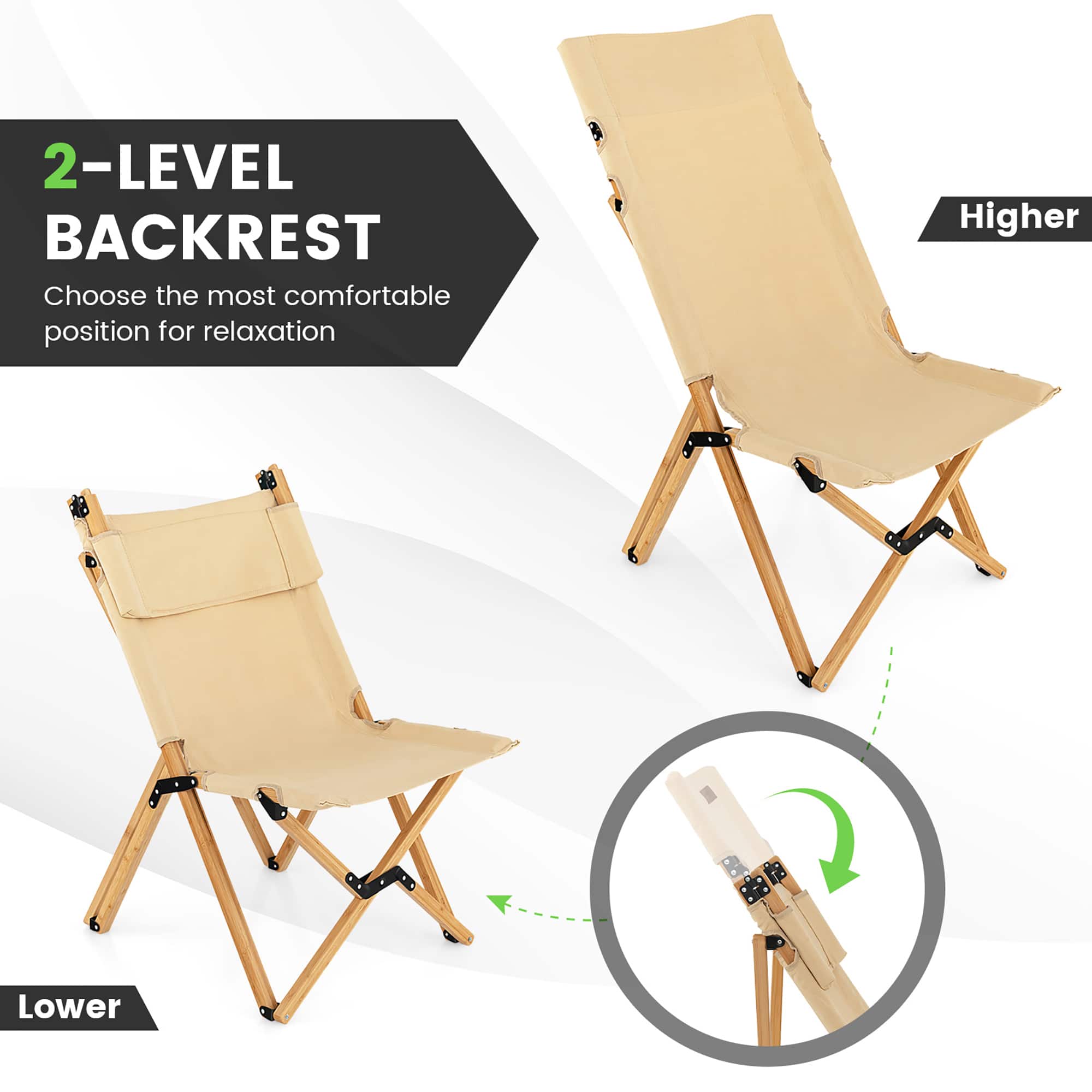 2-Level Backrest: Choose the most comfortable position for relaxation - Higher or Lower.