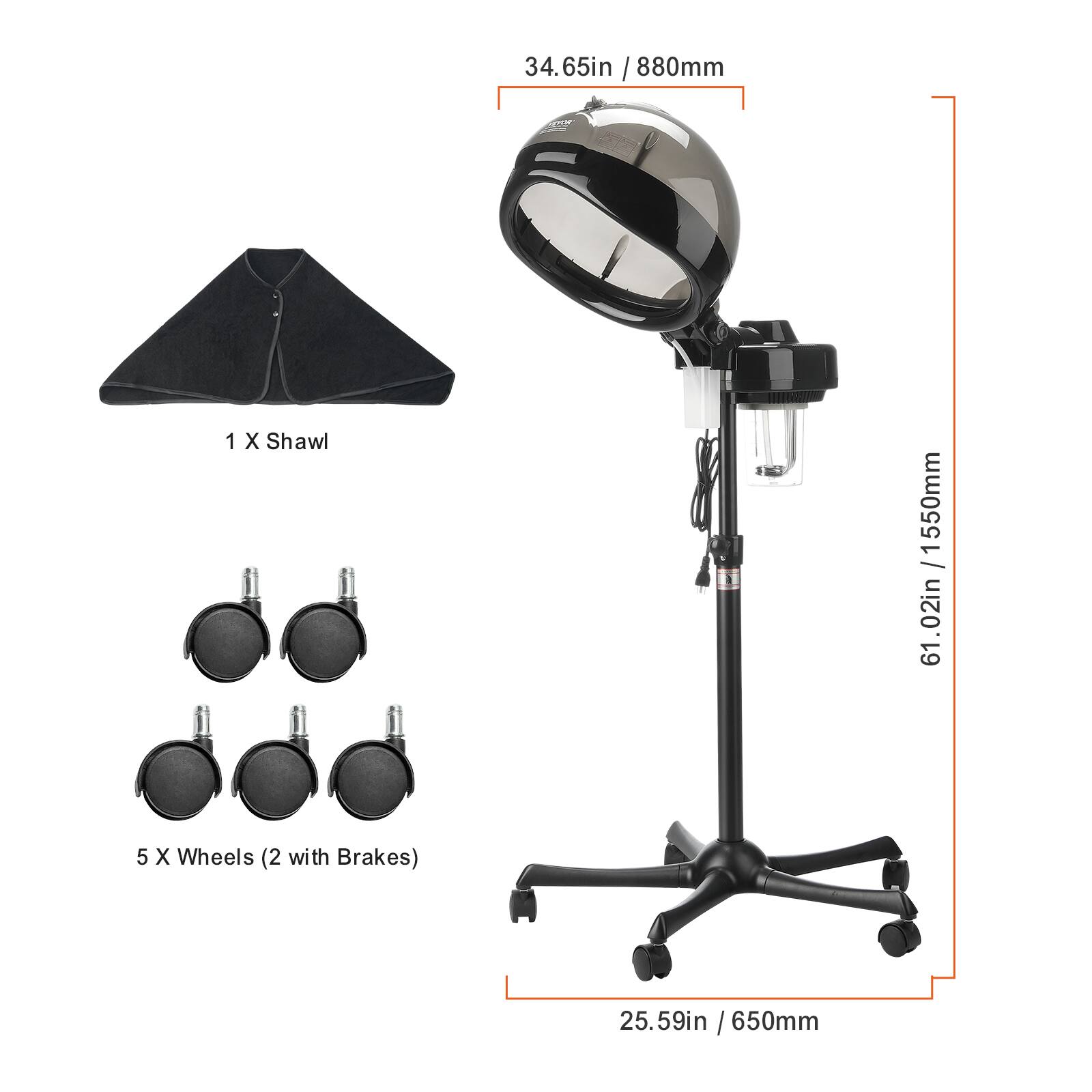 - 1 X Shawl
- 5 X Wheels (2 with Brakes)
- 34.65in / 880mm
- 61.02in / 1550mm
- 25.59in / 650mm