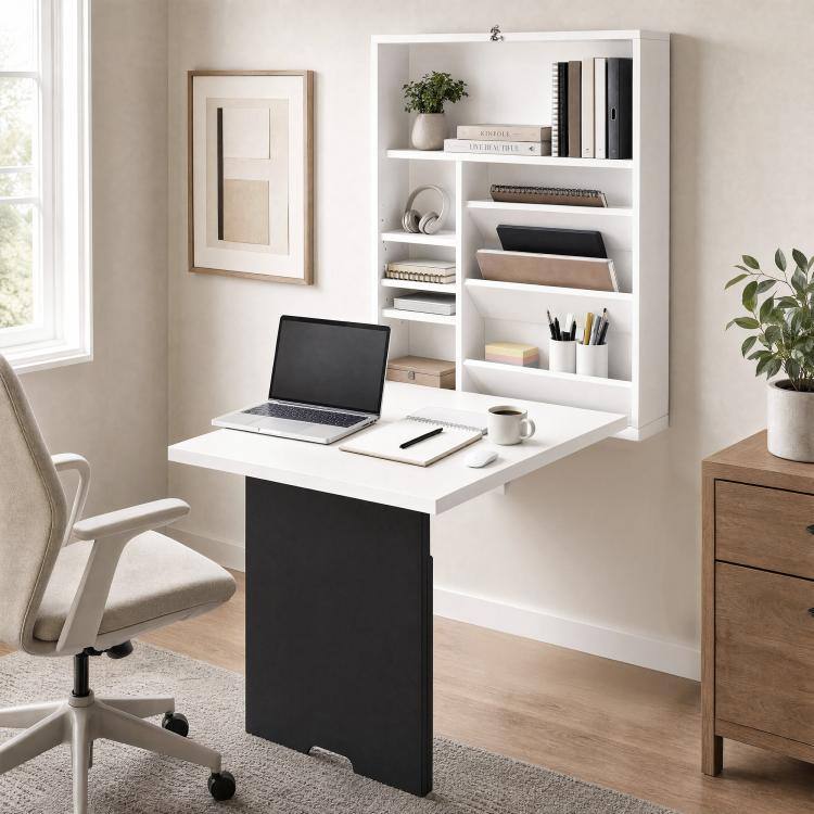 Alt View 1. PULUZ - Wall Mounted Foldable Desk with a Blackboard, Fold Out Convertible Floating Desk with Shelves - White and Black.