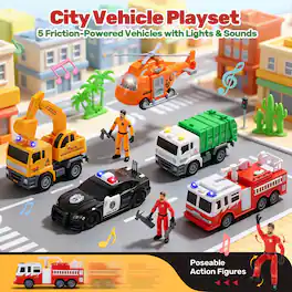 CUTE STONE - 5 Pcs City Vehicle Toy Set, Toddler Cars for Boys Ages 3-5