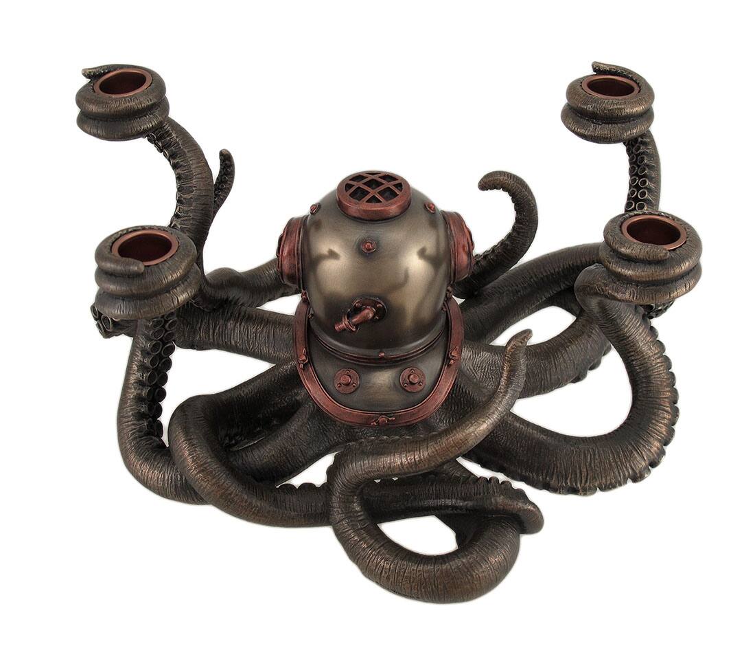 Alt View 3. Veronese Design - Incredibly Cool Steampunk Diver Octopus 4 Candle Candelabra - Black.