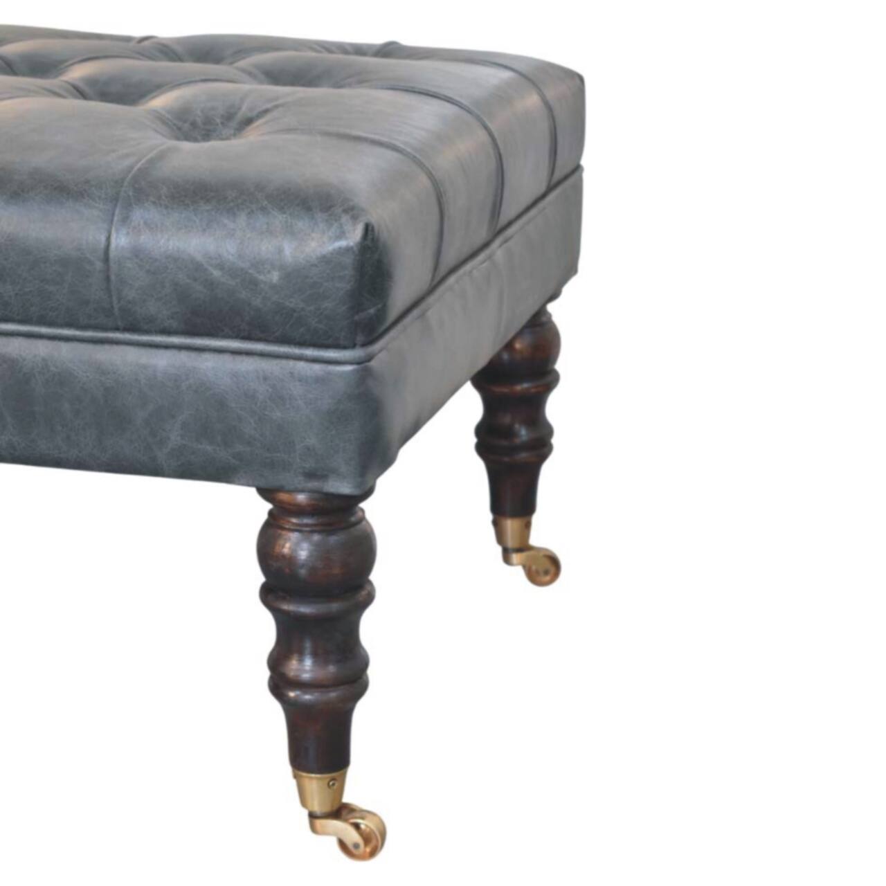 Alt View 4. Artisan Furniture - Artisan Furniture Solid Wood Buffalo Teal Leather Ottoman with Castor Legs, Upholstered, Black Color - Black.