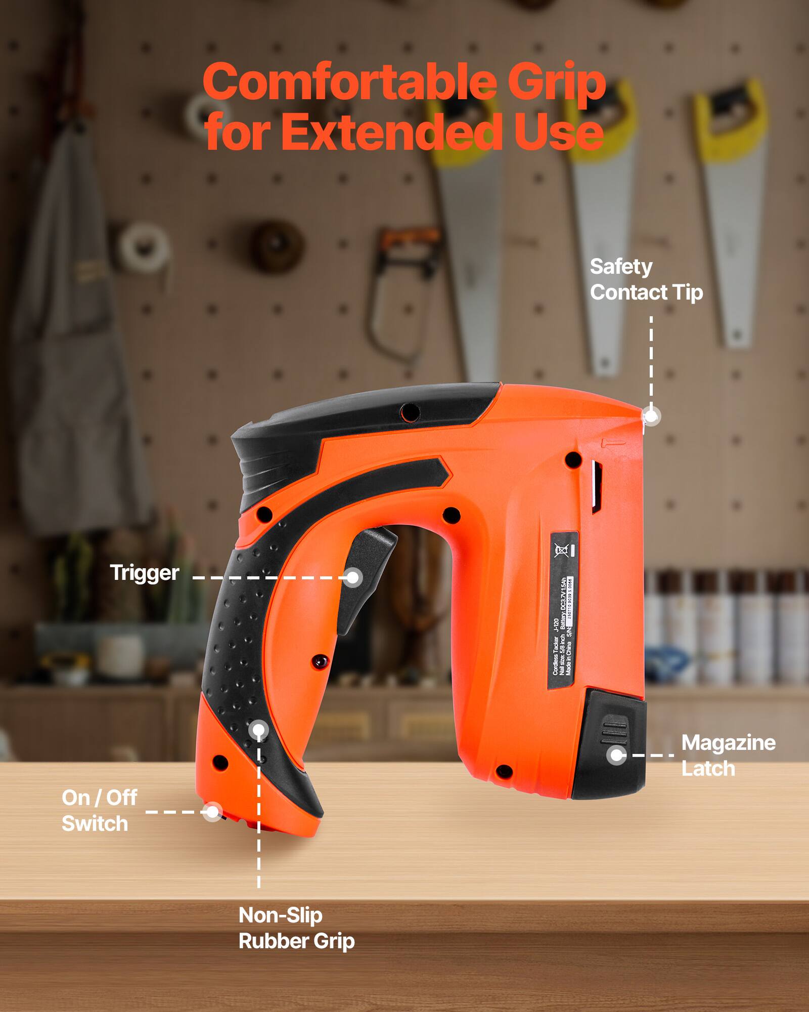 Comfortable Grip for Extended Use  
Safety Contact Tip  
Trigger  
On/Off Switch  
Non-Slip Rubber Grip  
Magazine Latch