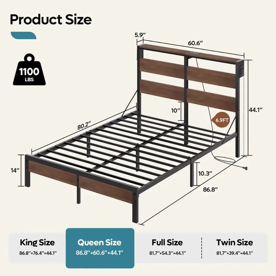 Product Size:
- King Size: 86.8" x 76.4" x 44.1"
- Queen Size: 86.8" x 60.6" x 44.1"
- Full Size: 81.7" x 54.3" x 44.1"
- Twin Size: 81.7" x 39.4" x 44.1"