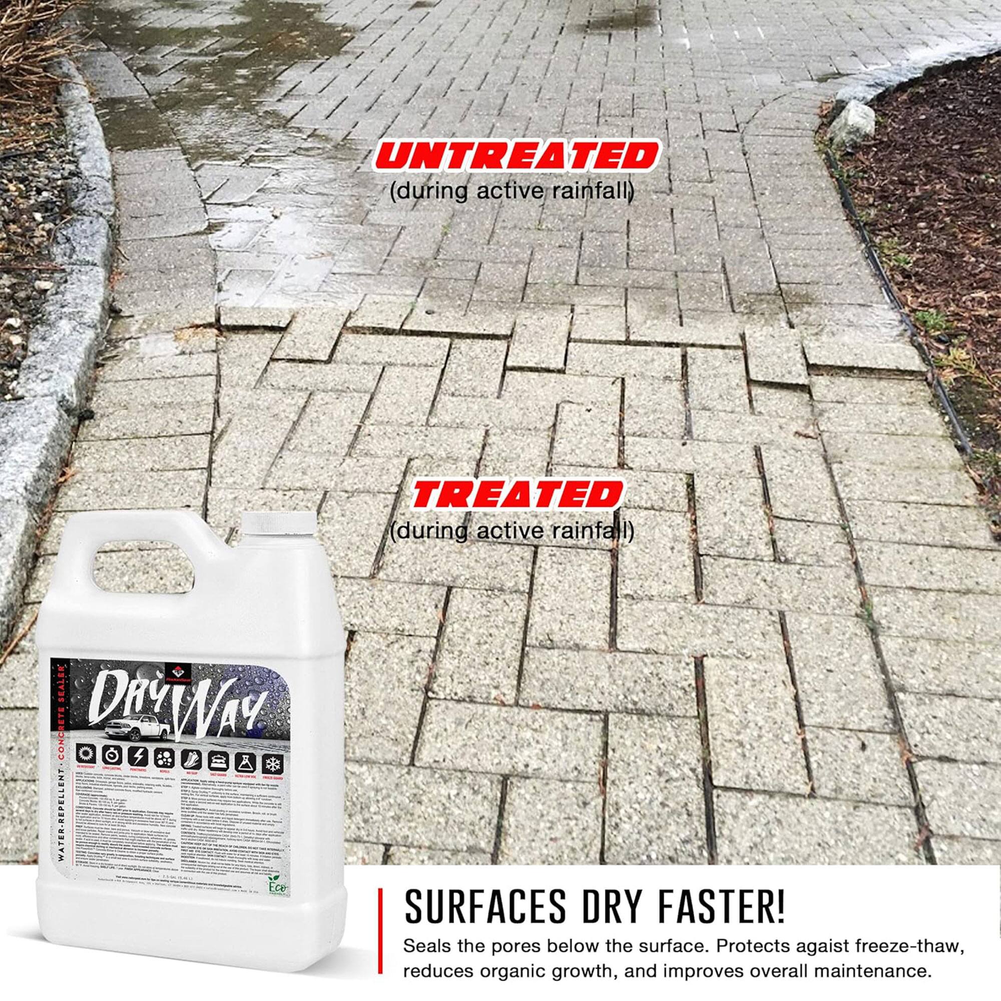 UNTREATED (during active rainfall)  
TREATED (during active rainfall)  

SEALER CONCRETE DRYWAY  

SURFACES DRY FASTER!  
Seals the pores below the surface. Protects against freeze-thaw, reduces organic growth, and improves overall maintenance.