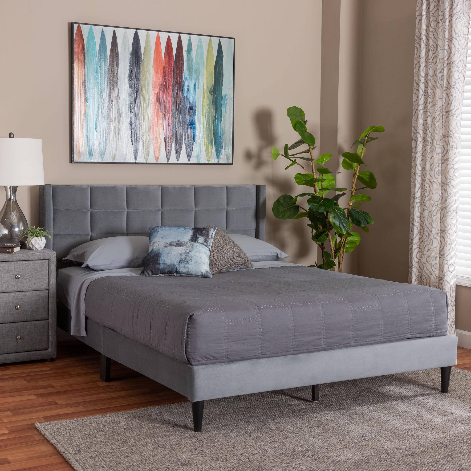 Alt View 3. Baxton Studio - Payne Modern Glam Velvet and Dark Brown Wood Queen Bed - Grey/Black.
