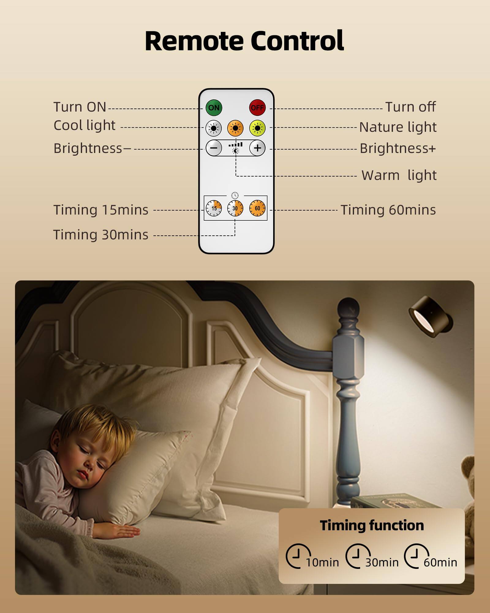 Remote Control

- Turn ON
- Cool light
- Brightness
- Timing 15mins
- Timing 30mins
- Timing 60mins

- Turn off
- Nature light
- Brightness+
- Warm light

Timing function
- 10min
- 30min
- 60min