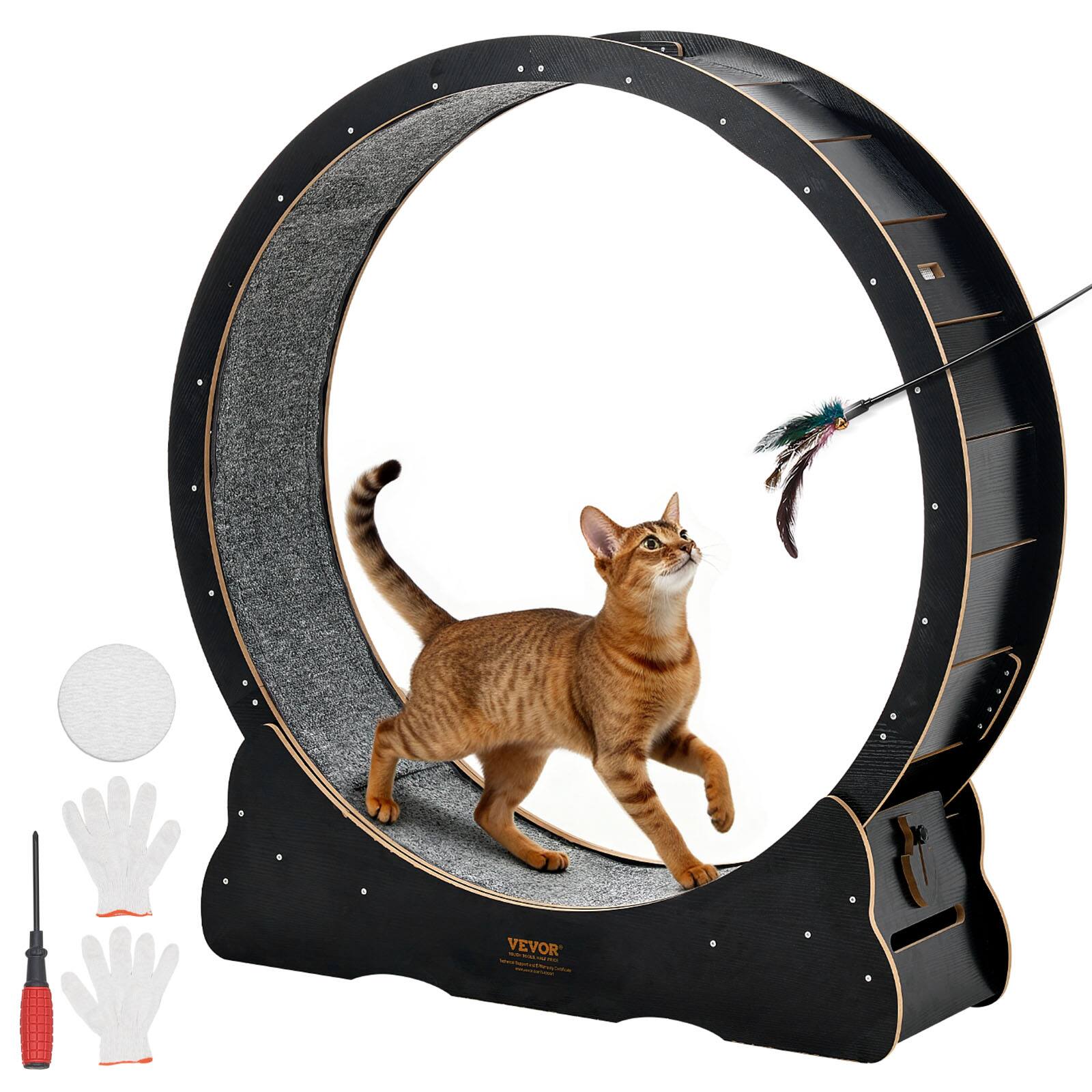 Front. VEVOR - Cat Exercise Wheel, 48 in Wooden Cat Running Wheel for Indoor Cats up to 28 lbs, Cats Treadmill with Carpeted Runway - Black.