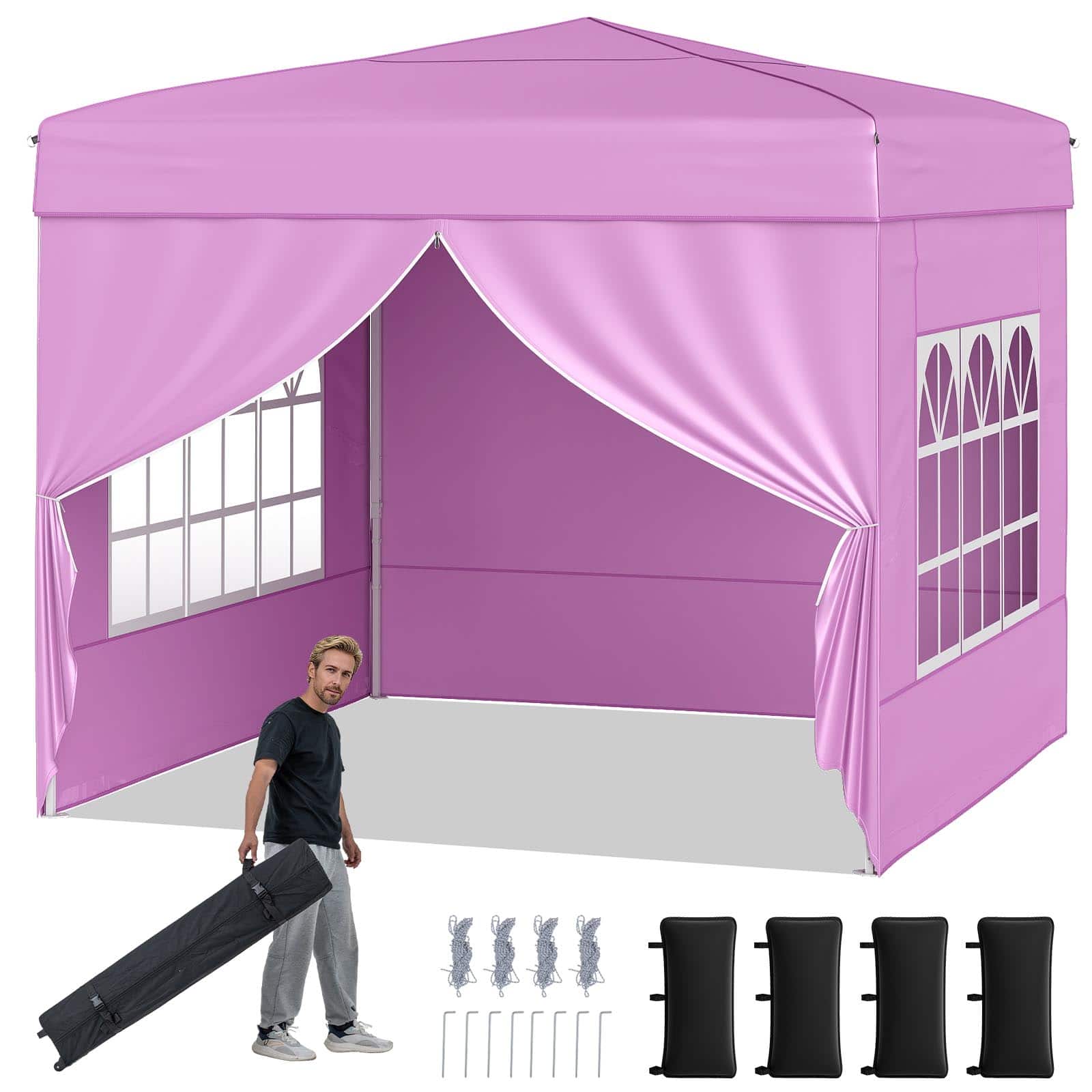 Gymax - 10 X 10 FT Pop up Canopy Tent w/ 4 Sidewalls Wheeled Bag 4 Sandbags 8 Stakes - Pink