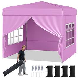 Gymax - 10 X 10 FT Pop up Canopy Tent w/ 4 Sidewalls Wheeled Bag 4 Sandbags 8 Stakes - Pink