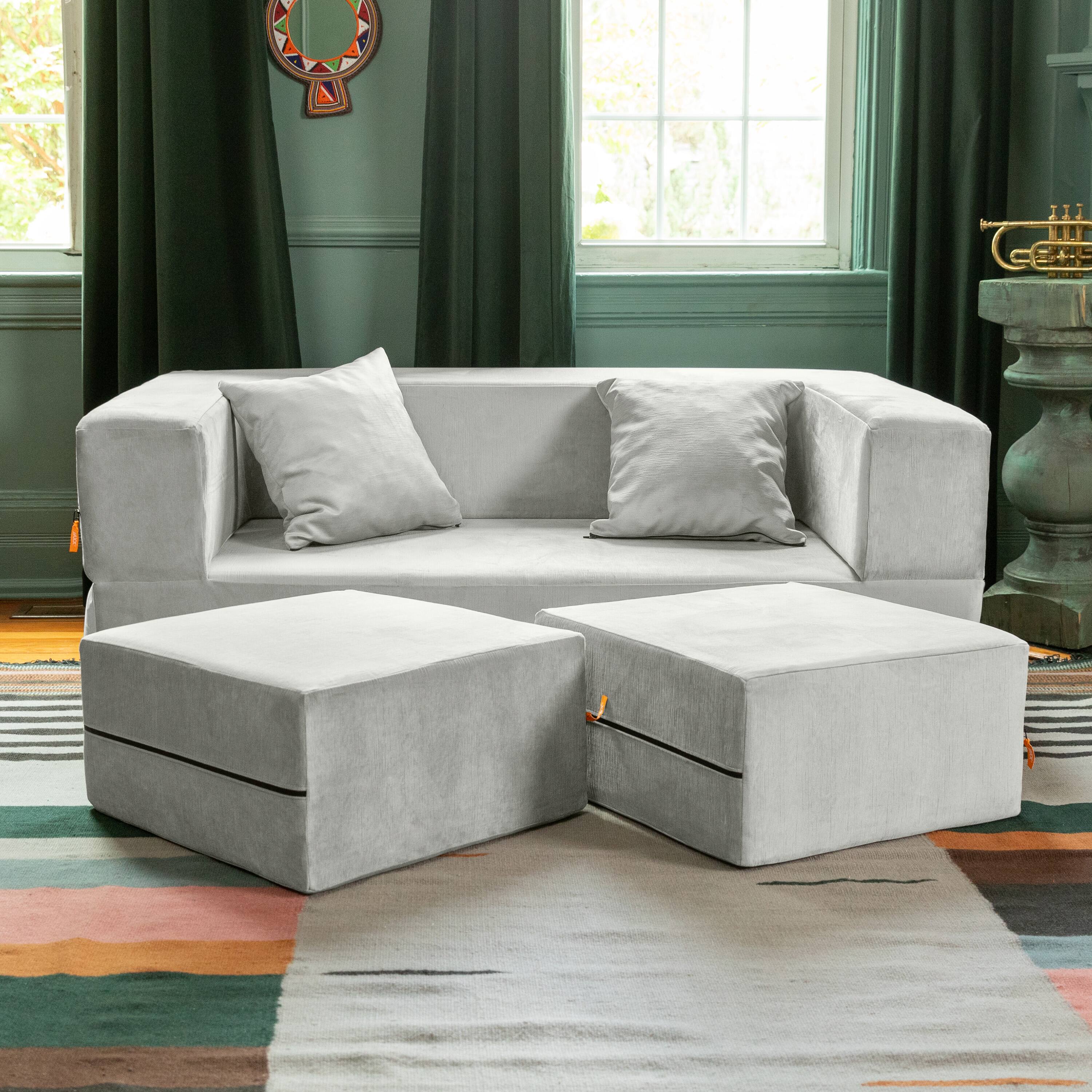 Alt View 1. Jaxx - Jaxx Zipline Convertible Sleeper Loveseat & Ottomans, Textured Microvelvet - Ice - Ice.