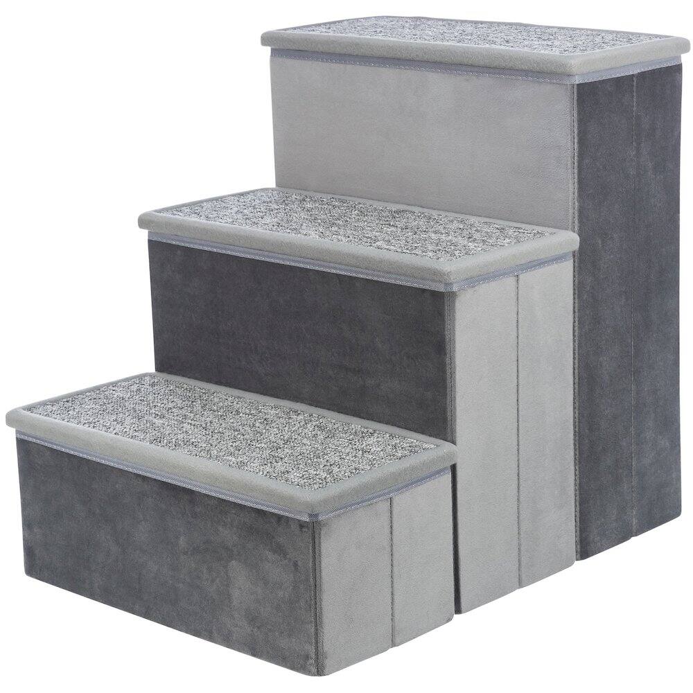 Front. TRIXIE - 3-Step Foldable Velour Pet Stairs with Storage, Gray - Gray.