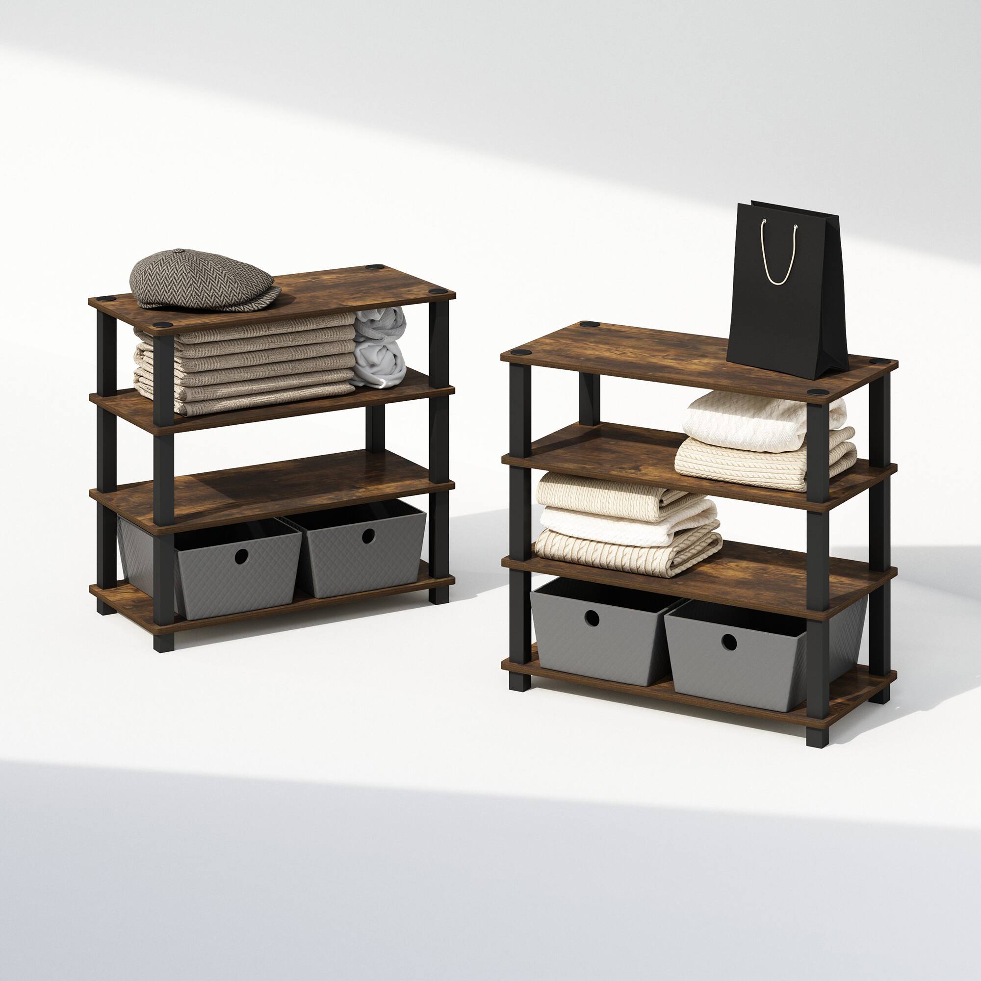 Alt View 3. Furinno - Turn-S-Tube 4-Tier Multipurpose Standing Shelves, Amber Pine/Black, Set of 2 - Amber Pine/Black.