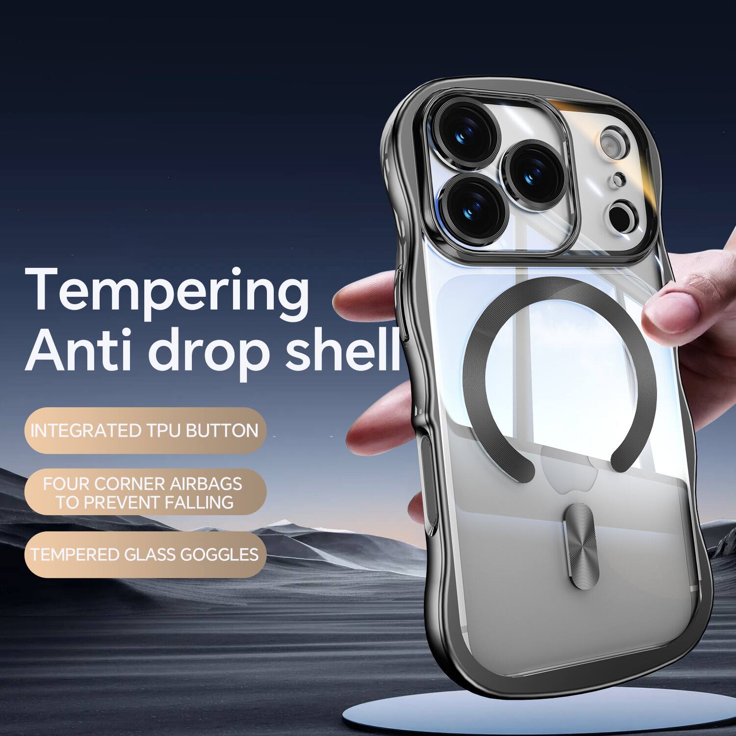 Tempering Anti drop shell  
INTEGRATED TPU BUTTON  
FOUR CORNER AIRBAGS TO PREVENT FALLING  
TEMPERED GLASS GOGGLES