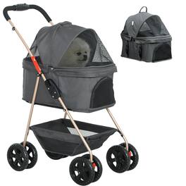 Pawhut - 3 in 1 Dog Stroller, Detachable Carrier, 4 Wheels, Storage Basket, Cupholder, Washable Pads, Folding