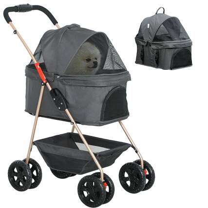 Front. Pawhut - 3 in 1 Dog Stroller, Detachable Carrier, 4 Wheels, Storage Basket, Cupholder, Washable Pads, Folding.