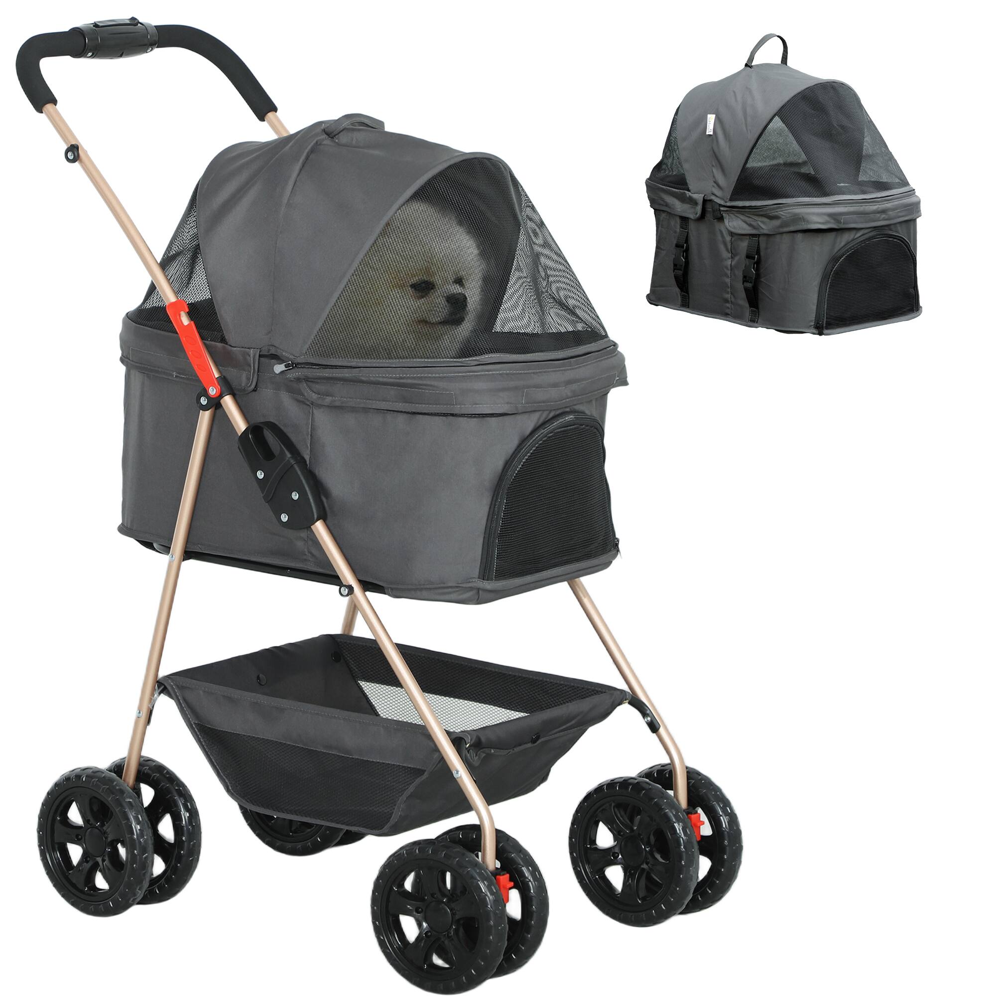 Front. Pawhut - 3 in 1 Dog Stroller, Detachable Carrier, 4 Wheels, Storage Basket, Cupholder, Washable Pads, Folding.