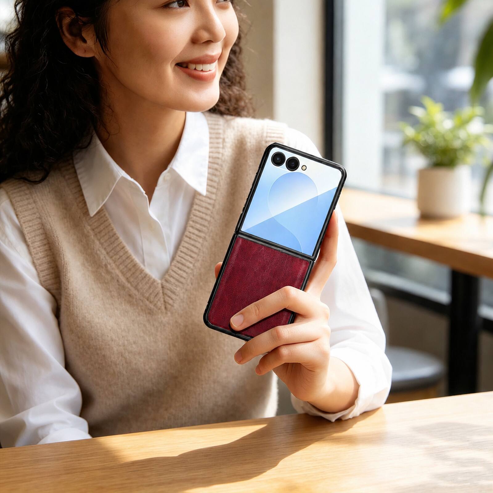 Alt View 3. Dteck - For Samsung Galaxy Z Flip8 Luxury Leather Case with Screen Protector Included,Shockproof Plating Edge Slim Cover - Red.
